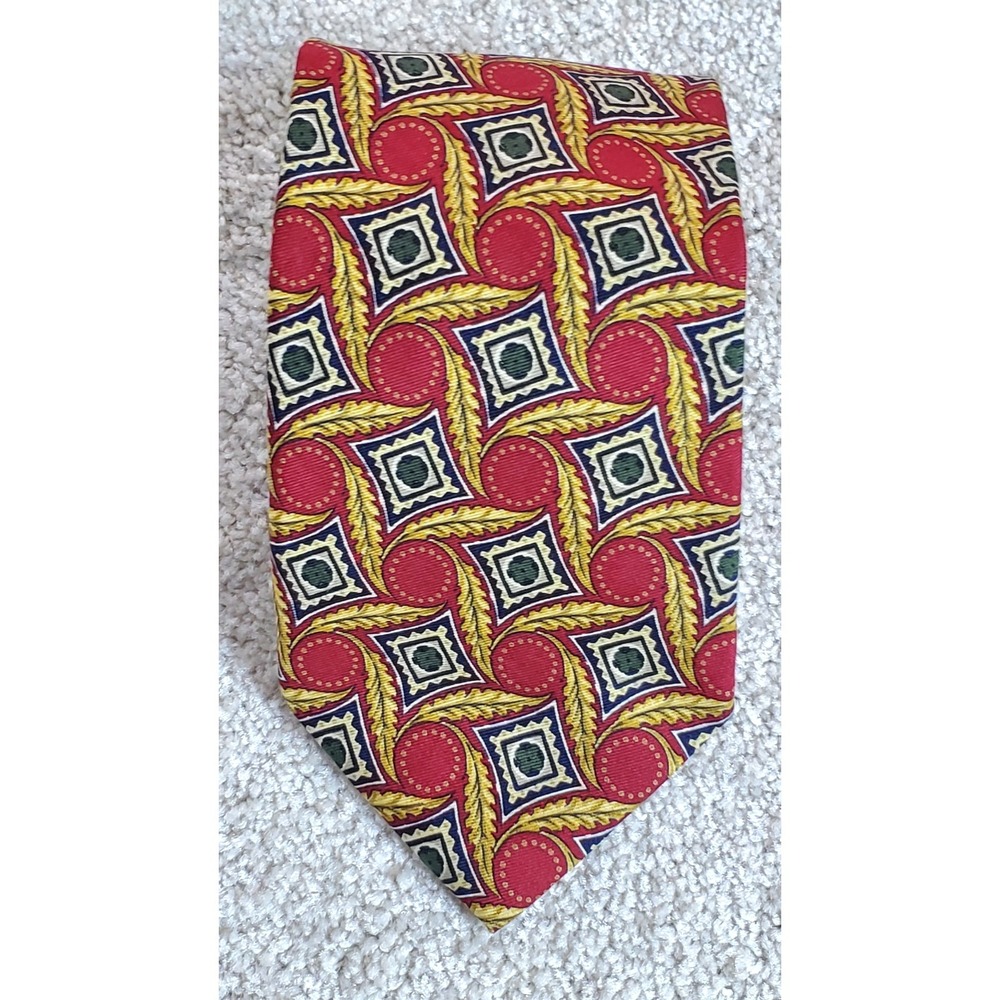 Lands' End Men's Neck Tie Rust Green Blue Geometric 100%‎ Silk 57"